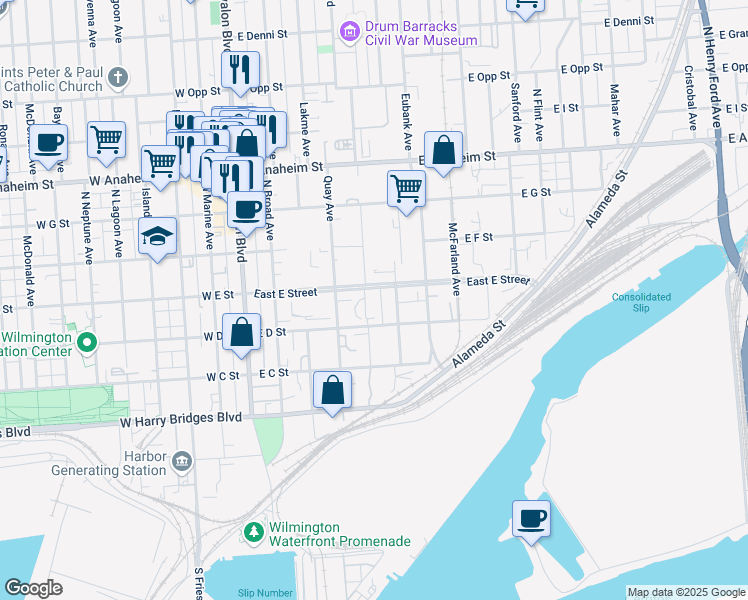 map of restaurants, bars, coffee shops, grocery stores, and more near 508 East E Street in Los Angeles