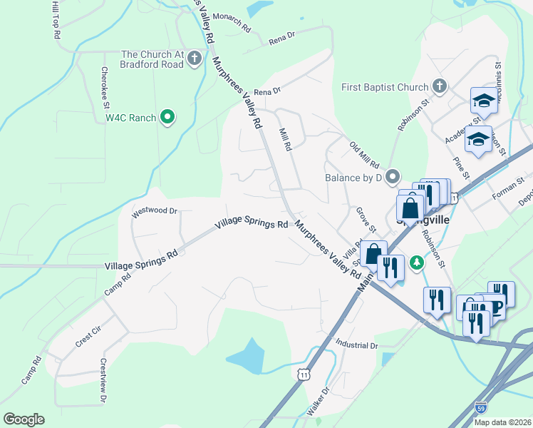 map of restaurants, bars, coffee shops, grocery stores, and more near 214 Village Springs Road in Springville