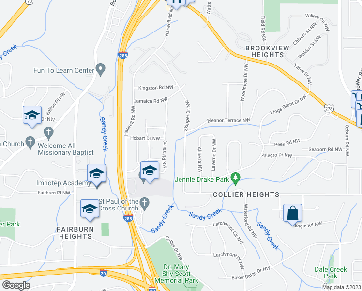 map of restaurants, bars, coffee shops, grocery stores, and more near 740 Skipper Drive Northwest in Atlanta