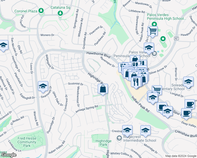 map of restaurants, bars, coffee shops, grocery stores, and more near Highridge Rd & Peacock Ridge Dr in Rancho Palos Verdes
