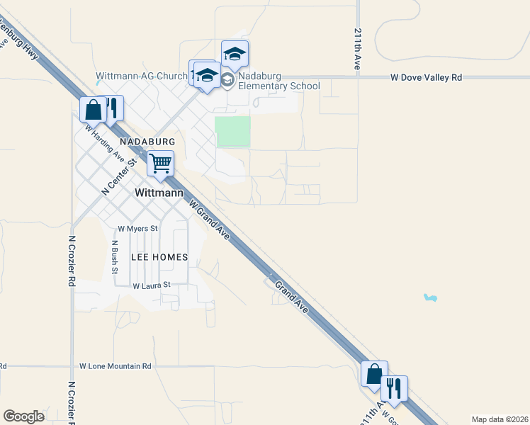 map of restaurants, bars, coffee shops, grocery stores, and more near 21411 West Wildflower Drive in Wittmann