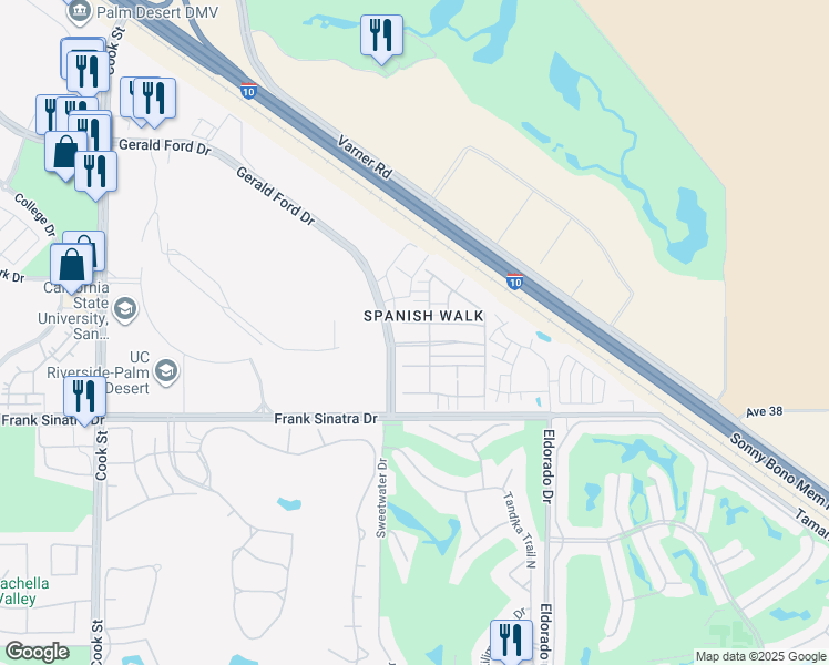 map of restaurants, bars, coffee shops, grocery stores, and more near 345 Paseo Gusto in Palm Desert