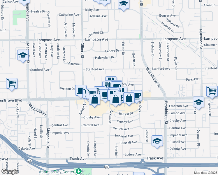 map of restaurants, bars, coffee shops, grocery stores, and more near Galway Street in Garden Grove