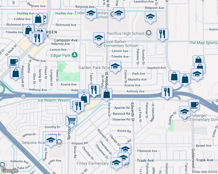 map of restaurants, bars, coffee shops, grocery stores, and more near 6502 Acacia Avenue in Garden Grove