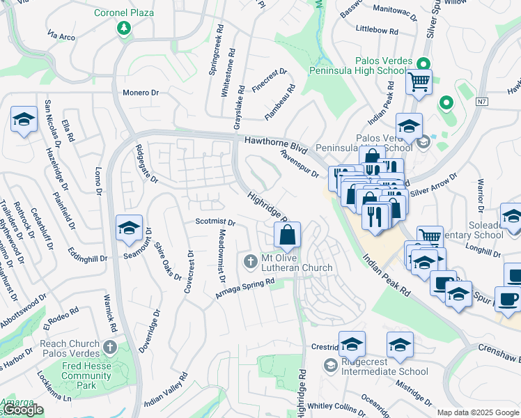 map of restaurants, bars, coffee shops, grocery stores, and more near 28130 Peacock Ridge Drive in Rancho Palos Verdes