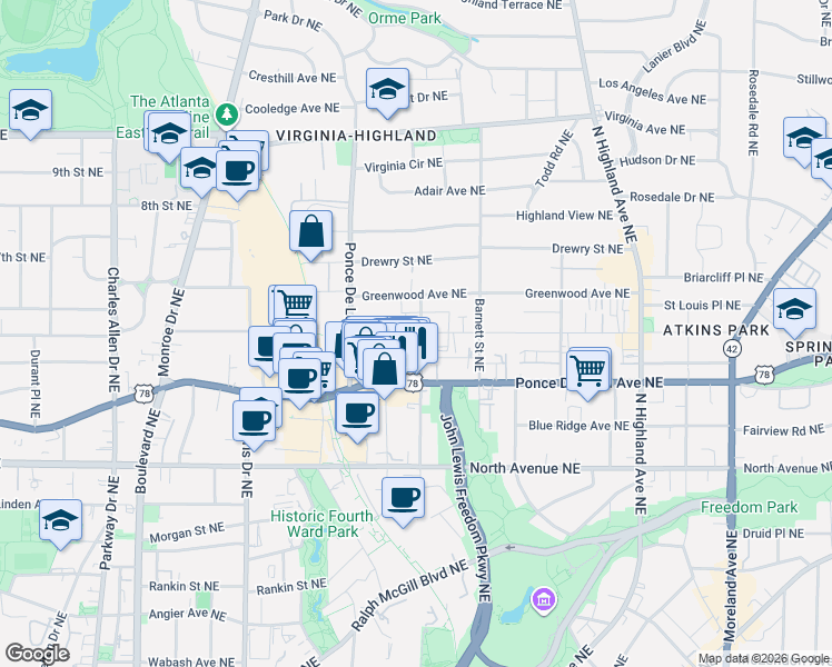 map of restaurants, bars, coffee shops, grocery stores, and more near 791 Saint Charles Avenue Northeast in Atlanta