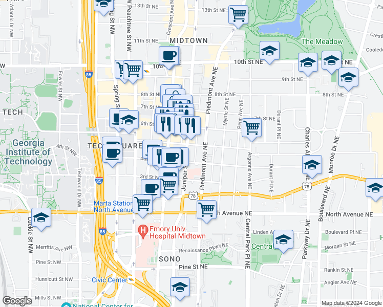 map of restaurants, bars, coffee shops, grocery stores, and more near 727 Juniper Street Northeast in Atlanta