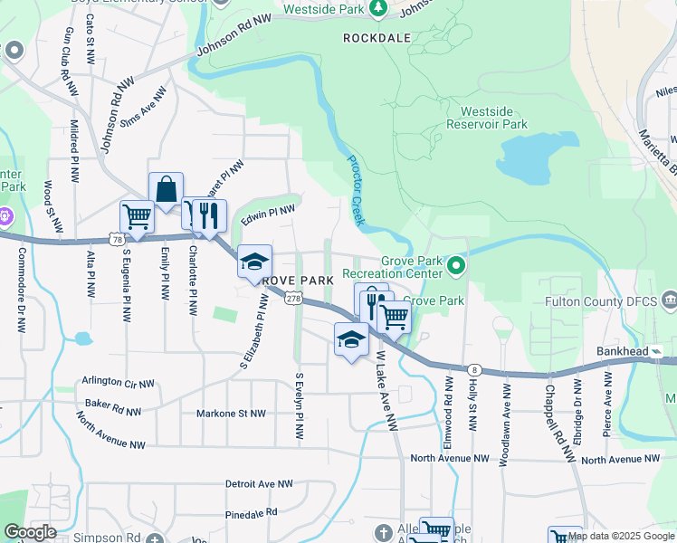 map of restaurants, bars, coffee shops, grocery stores, and more near 19 Gertrude Place Northwest in Atlanta