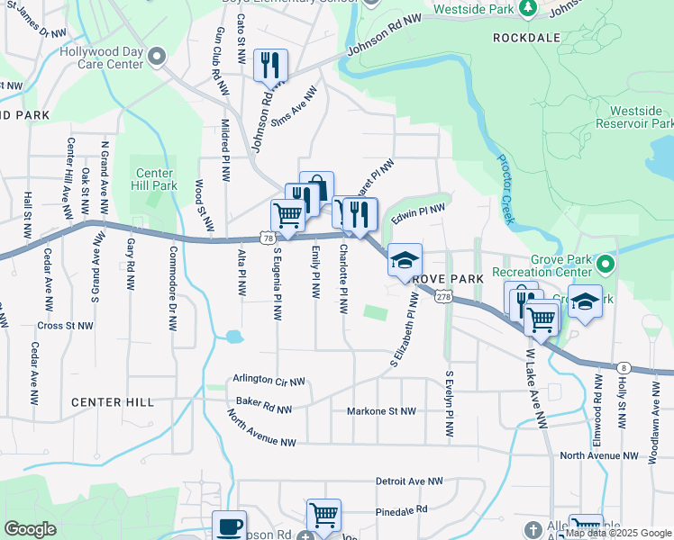map of restaurants, bars, coffee shops, grocery stores, and more near 748 Charlotte Place Northwest in Atlanta