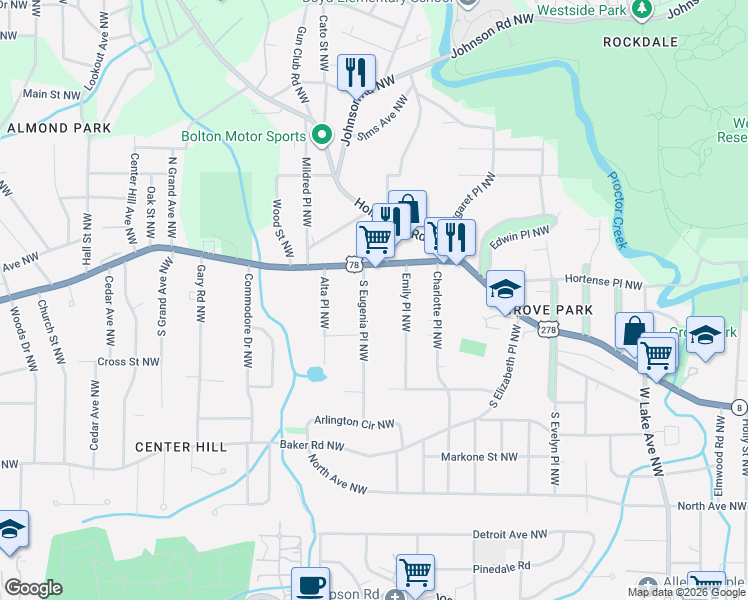 map of restaurants, bars, coffee shops, grocery stores, and more near 744 Emily Place Northwest in Atlanta