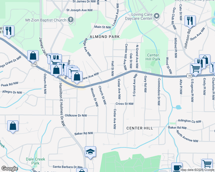 map of restaurants, bars, coffee shops, grocery stores, and more near 737 Prince Place Northwest in Atlanta