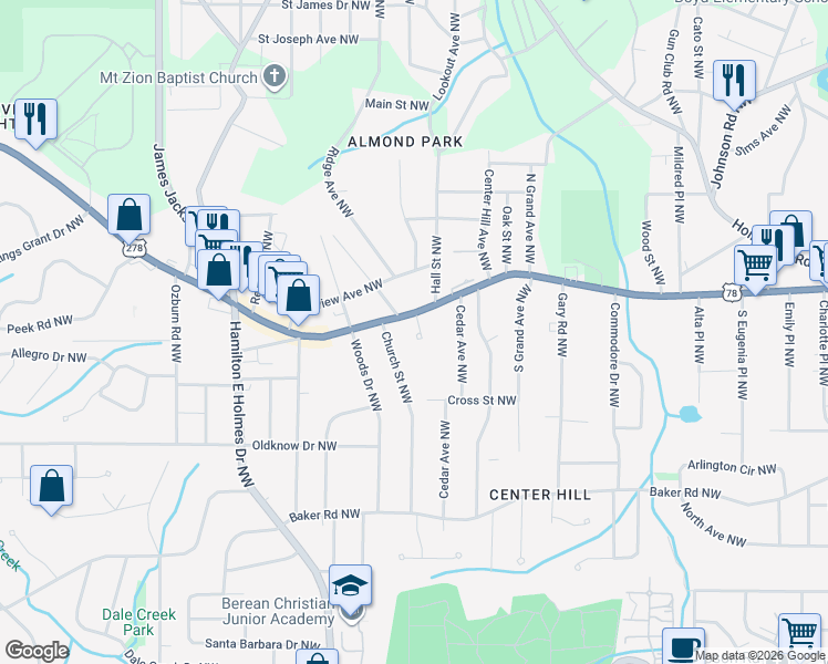 map of restaurants, bars, coffee shops, grocery stores, and more near 737 Prince Place Northwest in Atlanta