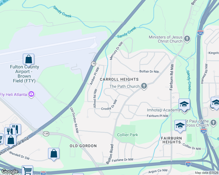 map of restaurants, bars, coffee shops, grocery stores, and more near 3681 Clovis Court Northwest in Atlanta