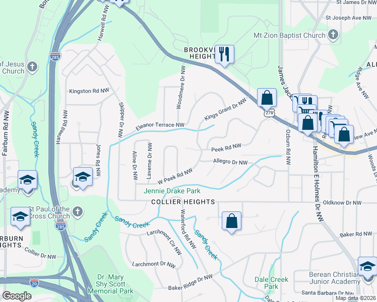 map of restaurants, bars, coffee shops, grocery stores, and more near 2992 Peek Road Northwest in Atlanta