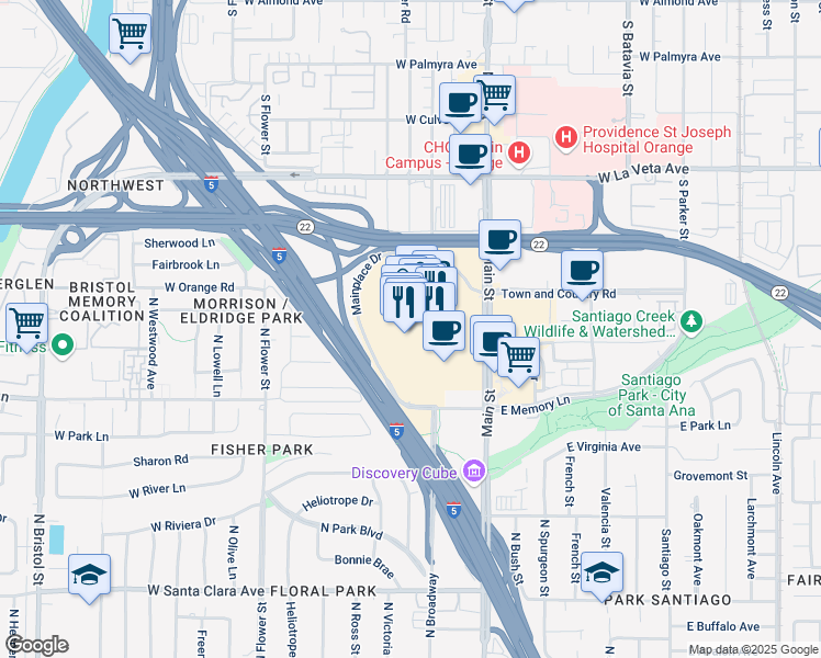 map of restaurants, bars, coffee shops, grocery stores, and more near 2850 North Main Street in Santa Ana