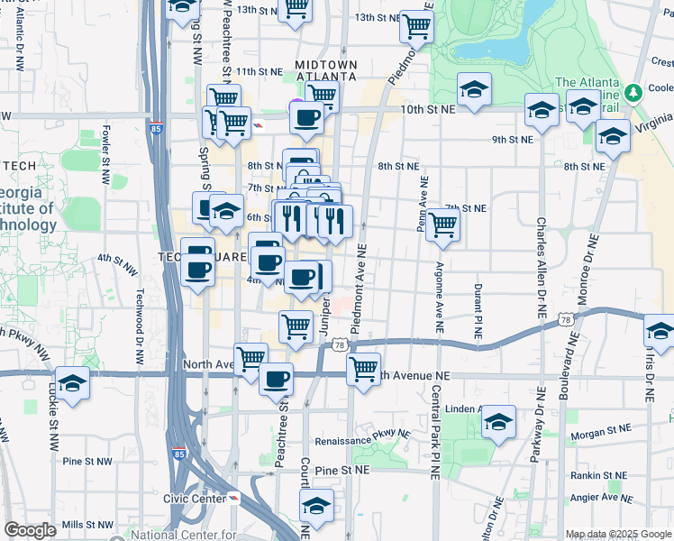 map of restaurants, bars, coffee shops, grocery stores, and more near 727 Juniper Street Northeast in Atlanta