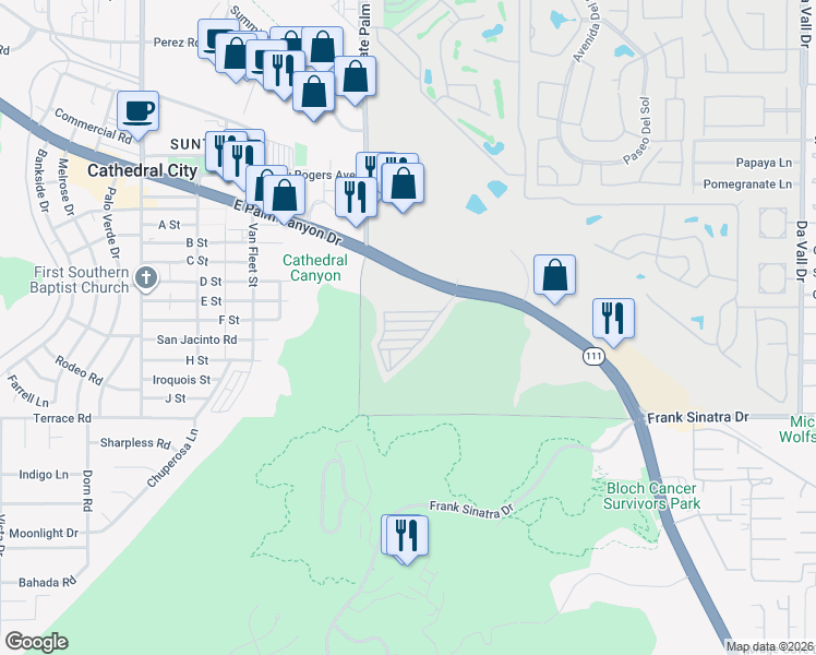 map of restaurants, bars, coffee shops, grocery stores, and more near 69333 East Palm Canyon Drive in Cathedral City