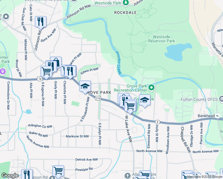 map of restaurants, bars, coffee shops, grocery stores, and more near 19 Gertrude Place Northwest in Atlanta