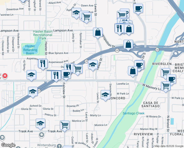 map of restaurants, bars, coffee shops, grocery stores, and more near 12925 Dahlia Street in Garden Grove