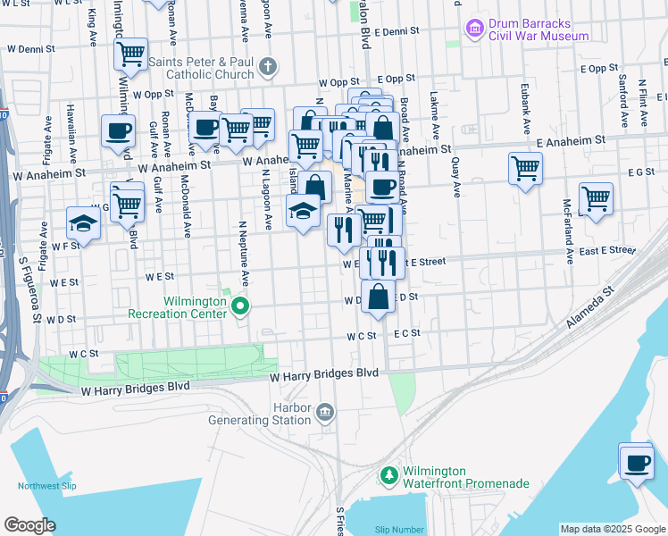 map of restaurants, bars, coffee shops, grocery stores, and more near 230 West E Street in Los Angeles