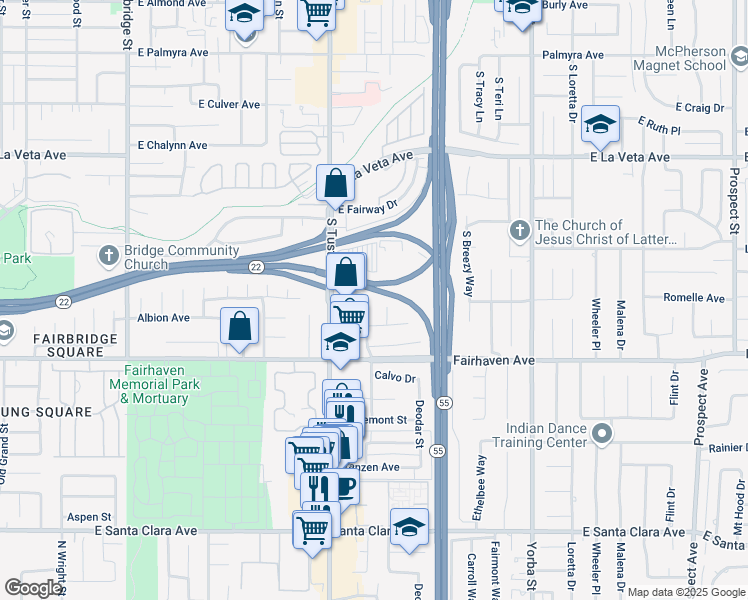 map of restaurants, bars, coffee shops, grocery stores, and more near 777 Ponderosa Street in Orange