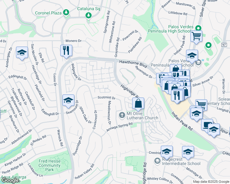 map of restaurants, bars, coffee shops, grocery stores, and more near 5987 Peacock Ridge Road in Rancho Palos Verdes