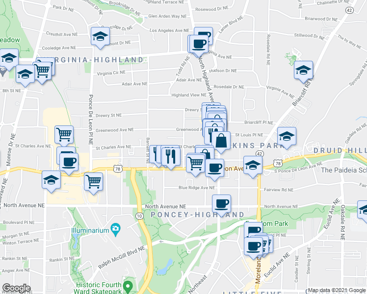 map of restaurants, bars, coffee shops, grocery stores, and more near St Charles Ave NE & Frederica St NE in Atlanta