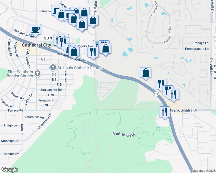 map of restaurants, bars, coffee shops, grocery stores, and more near 69333 East Palm Canyon Drive in Cathedral City