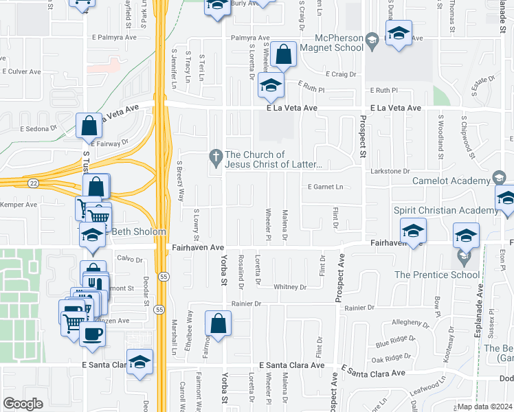 map of restaurants, bars, coffee shops, grocery stores, and more near 783 South Loretta Drive in Orange