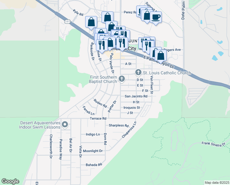 map of restaurants, bars, coffee shops, grocery stores, and more near 37586 Palo Verde Drive in Cathedral City
