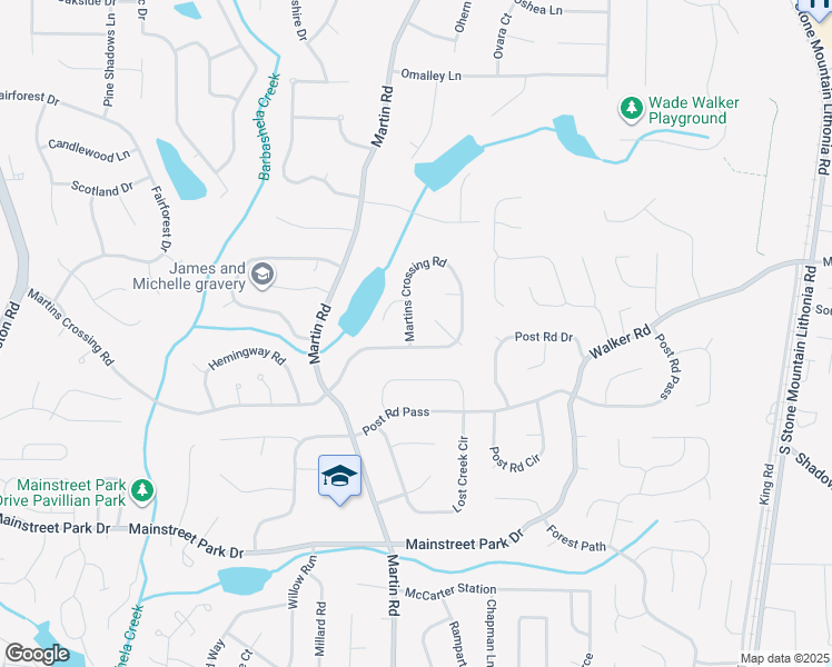 map of restaurants, bars, coffee shops, grocery stores, and more near 5482 Martins Crossing Road in Stone Mountain