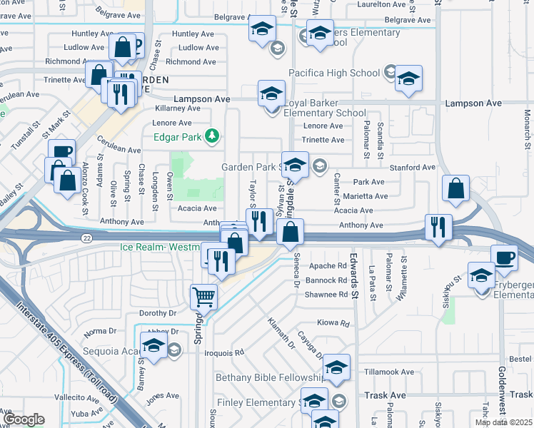 map of restaurants, bars, coffee shops, grocery stores, and more near 6382 Acacia Avenue in Garden Grove