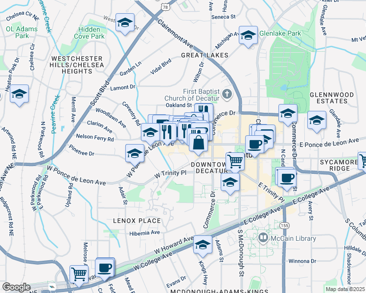 map of restaurants, bars, coffee shops, grocery stores, and more near 358 West Ponce de Leon Avenue in Decatur