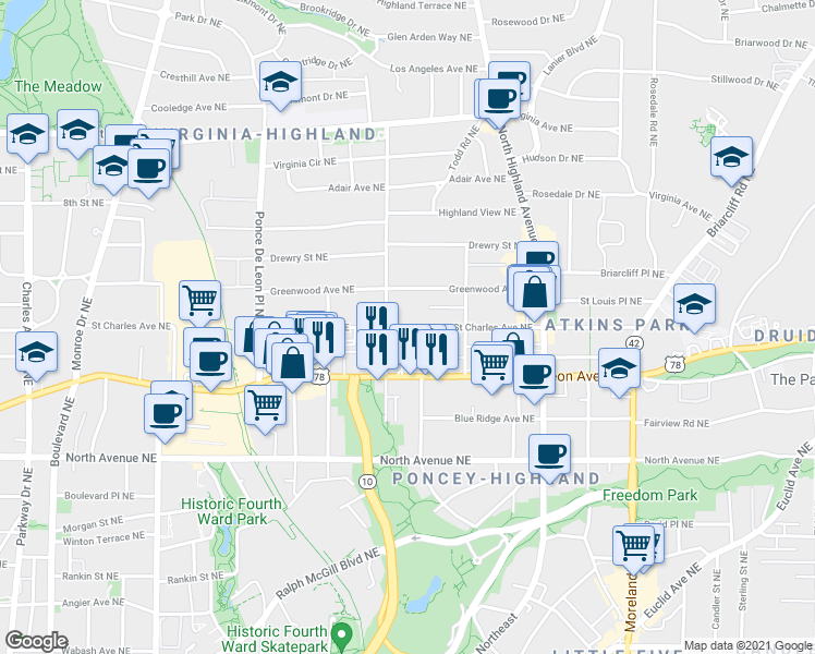map of restaurants, bars, coffee shops, grocery stores, and more near 904 St Charles Ave NE in Atlanta