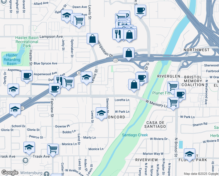 map of restaurants, bars, coffee shops, grocery stores, and more near 845 South Park Vine Street in Orange