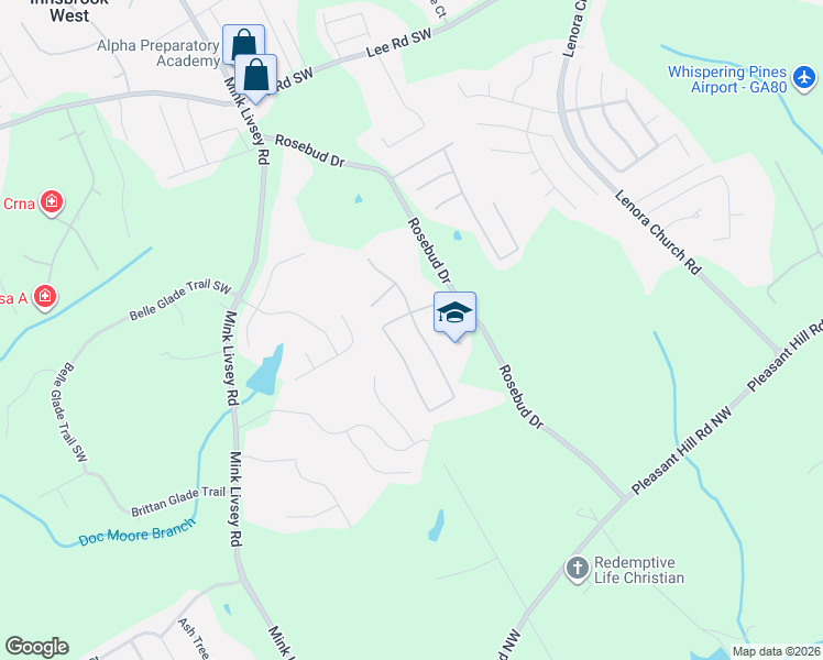 map of restaurants, bars, coffee shops, grocery stores, and more near 4007 Rosebud Park Drive in Snellville