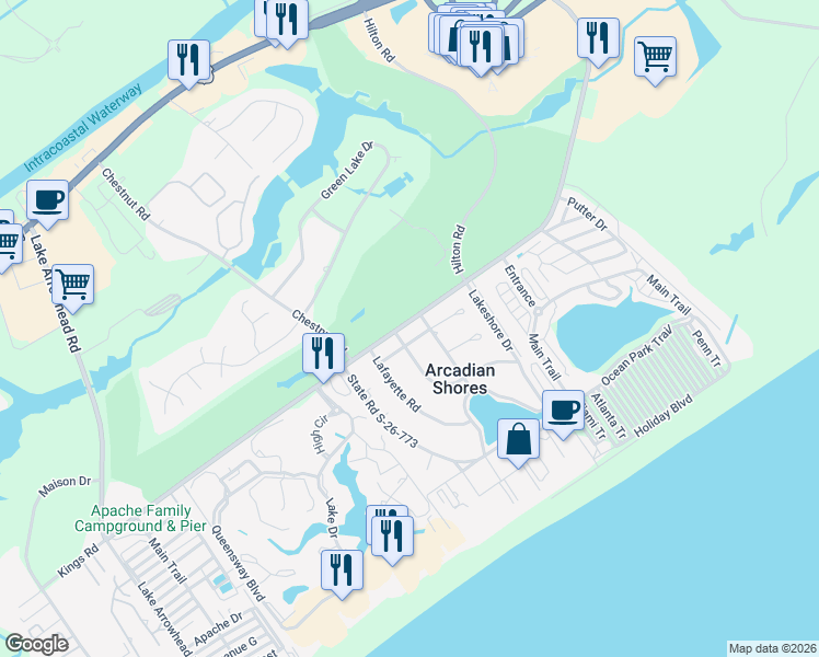 map of restaurants, bars, coffee shops, grocery stores, and more near 417 Arcadian Drive in Myrtle Beach