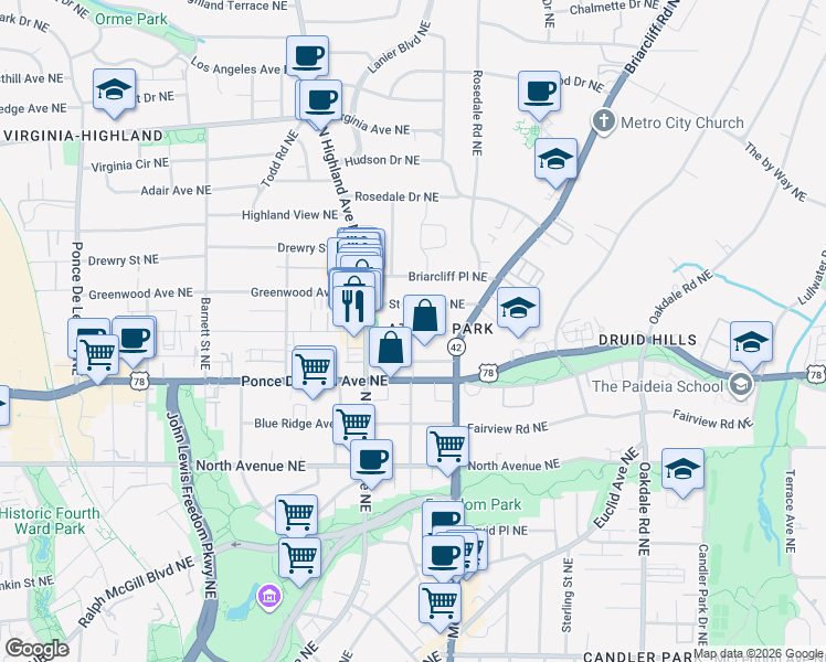 map of restaurants, bars, coffee shops, grocery stores, and more near The Byway in Atlanta