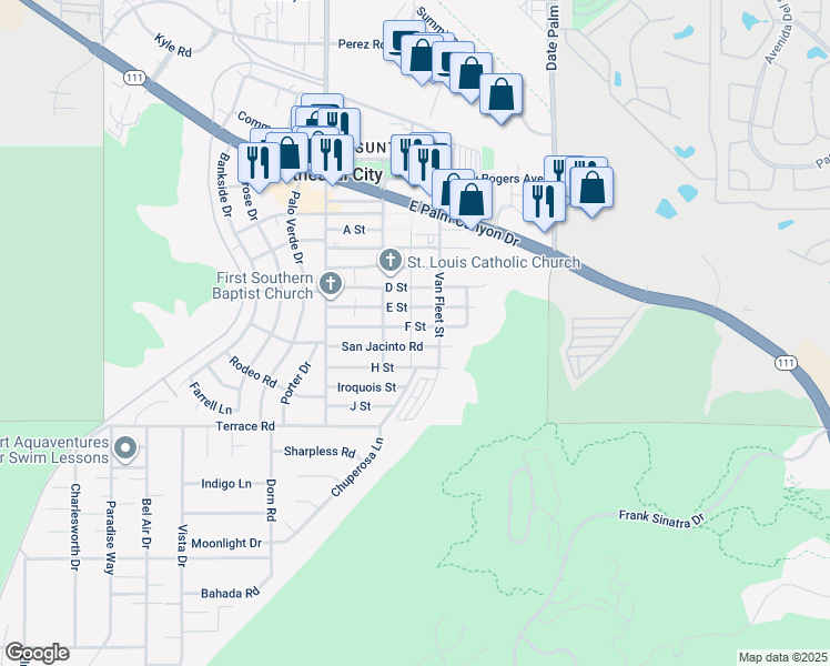 map of restaurants, bars, coffee shops, grocery stores, and more near 68695 F Street in Cathedral City