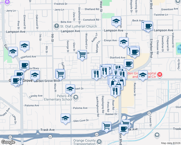 map of restaurants, bars, coffee shops, grocery stores, and more near 12921 Kathy Lane in Garden Grove
