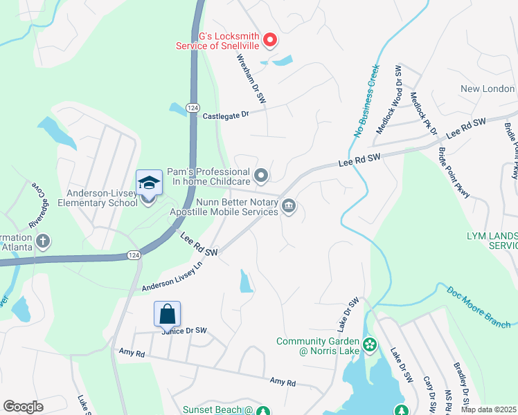 map of restaurants, bars, coffee shops, grocery stores, and more near 4400 Lee Road Southwest in Snellville