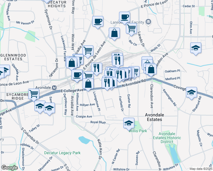 map of restaurants, bars, coffee shops, grocery stores, and more near 102 Olive Street in Avondale Estates