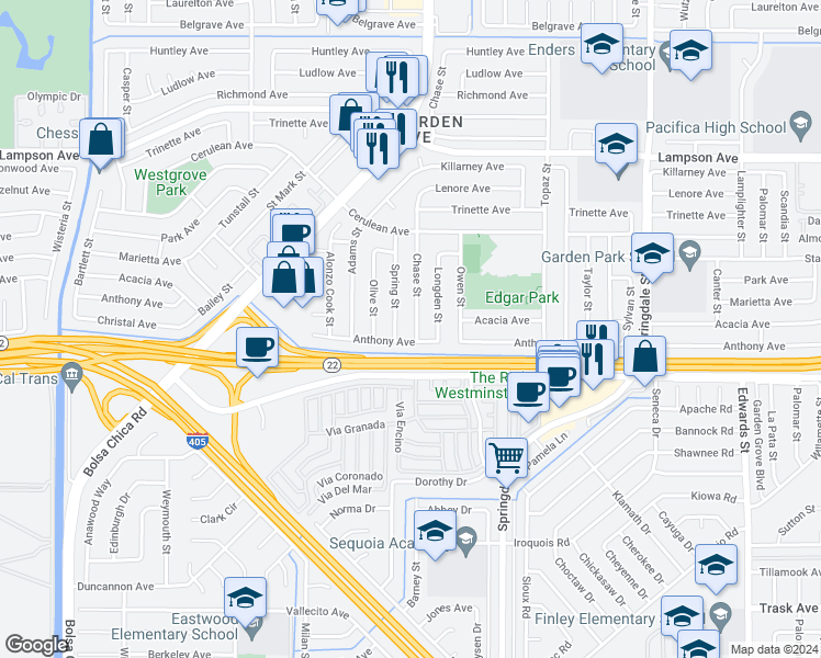 map of restaurants, bars, coffee shops, grocery stores, and more near 12871 Chase Street in Garden Grove