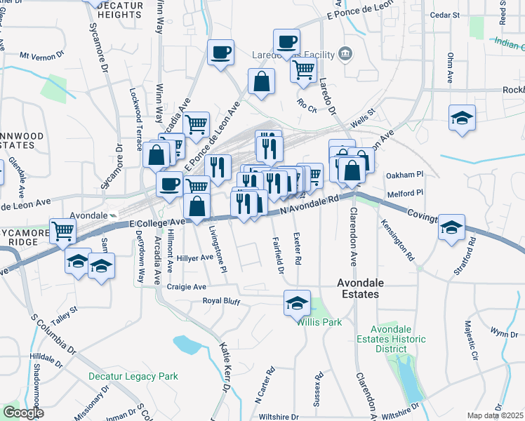map of restaurants, bars, coffee shops, grocery stores, and more near 6 Pine Street in Avondale Estates
