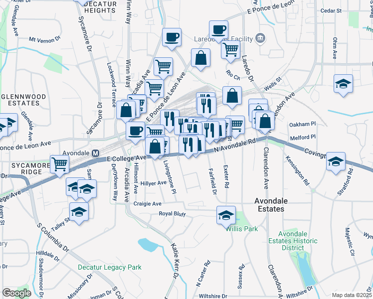 map of restaurants, bars, coffee shops, grocery stores, and more near 102 Olive Street in Avondale Estates