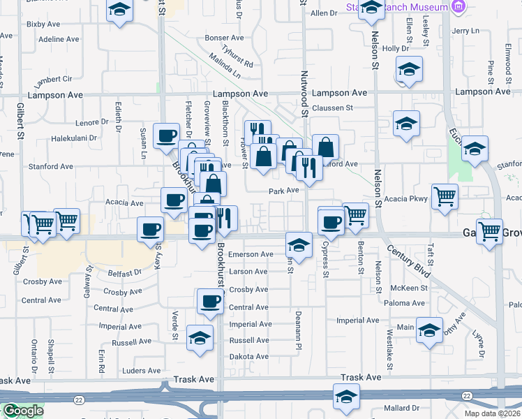 map of restaurants, bars, coffee shops, grocery stores, and more near 10331 Dove Court in Garden Grove
