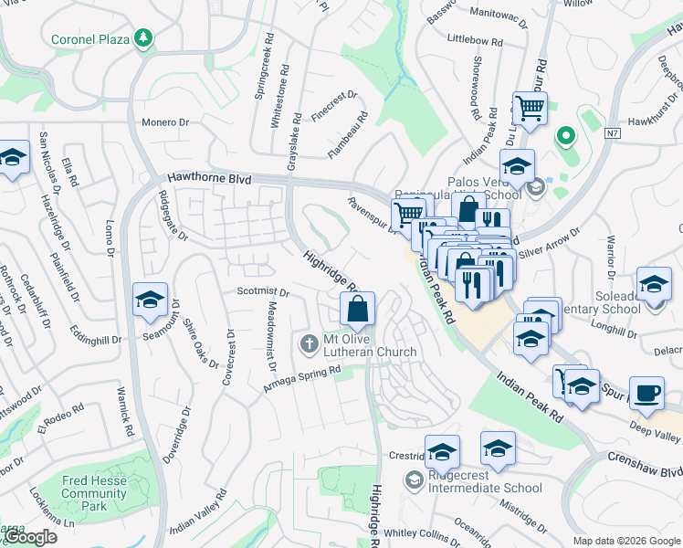 map of restaurants, bars, coffee shops, grocery stores, and more near 23126 Peacock Ridge Drive in Rancho Palos Verdes