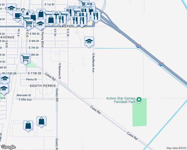 map of restaurants, bars, coffee shops, grocery stores, and more near 801 South Redlands Avenue in Perris