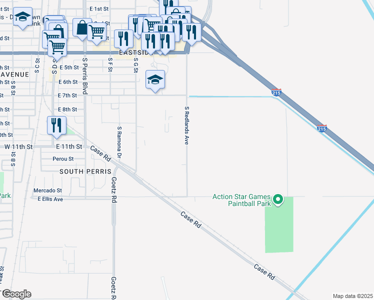 map of restaurants, bars, coffee shops, grocery stores, and more near 801 South Redlands Avenue in Perris