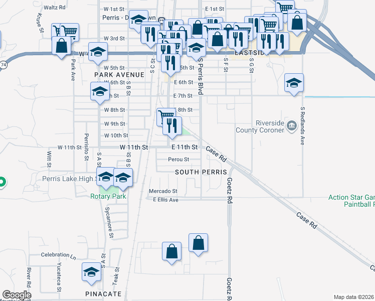 map of restaurants, bars, coffee shops, grocery stores, and more near 191 East 11th Street in Perris